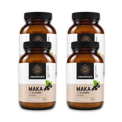 Zaversky Complete Z Maka + L-Glutamin Pulver: vier braune Glasdosen mit schwarzem Deckel, weiß-beigem Etikett und Beerenmotiv