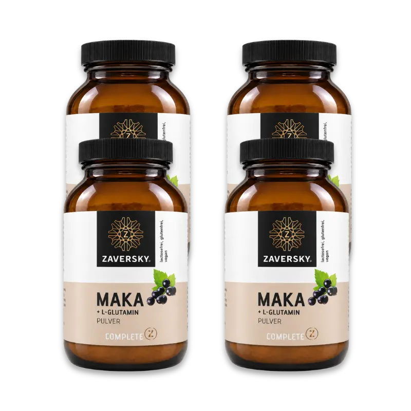 Zaversky Complete Z Maka + L-Glutamin Pulver: vier braune Glasdosen mit schwarzem Deckel, weiß-beigem Etikett und Beerenmotiv