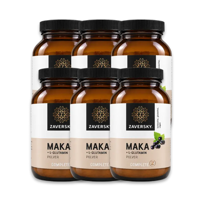 Zaversky Complete Z Maka + L-Glutamin Pulver im 6er-Set: braune Gläser mit schwarzem Deckel, Etikett mit Johannisbeeren