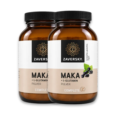 Zaversky Complete Z Maka + L-Glutamin Pulver, zwei braune Glasdosen mit schwarzem Deckel und Johannisbeer-Motiv