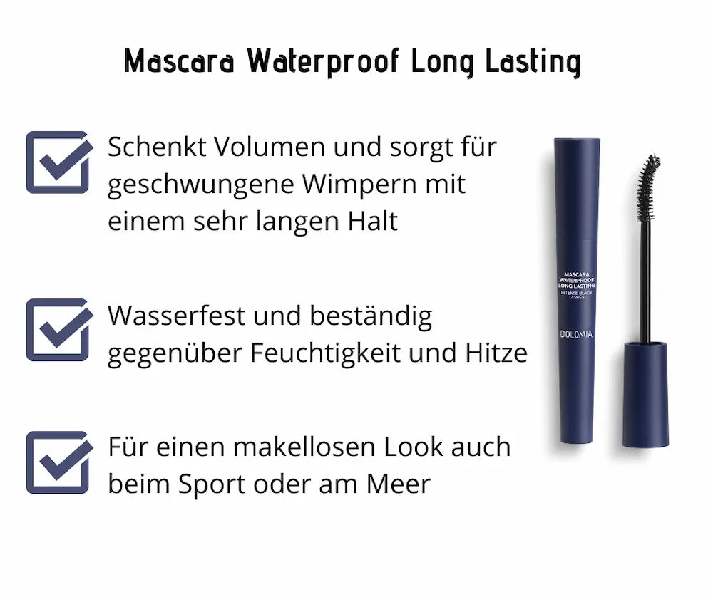 Dolomia Mascara Waterproof Long Lasting Intense Black Lashes in dunkelblauer Hülse mit Bürste, Infografik mit drei Produktvorteilen