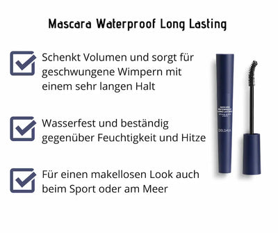 Dolomia Mascara Waterproof Long Lasting Intense Black Lashes in dunkelblauer Hülse mit Bürste, Infografik mit drei Produktvorteilen