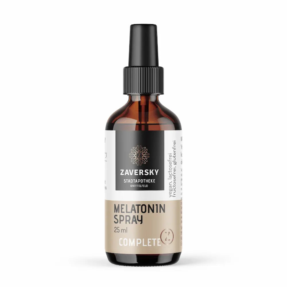 Zaversky Melatonin Spray Complete 25 ml in brauner Glasflasche mit schwarzem Sprühkopf und beigem Etikett, Vorderansicht