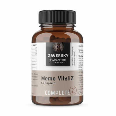 Memo VitaliZ Complete von Zaversky Stadtapotheke Knittelfeld, Braunglas mit schwarzem Deckel, 60 Kapseln, lactosefrei, fructosefrei, glutenfrei, vegan, Vorderansicht