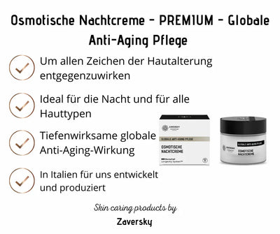 Infografik zur Osmotischen Nachtcreme von Zaversky mit Faltschachtel und Tiegel sowie Hinweisen zur Anti-Aging-Pflege für alle Hauttypen