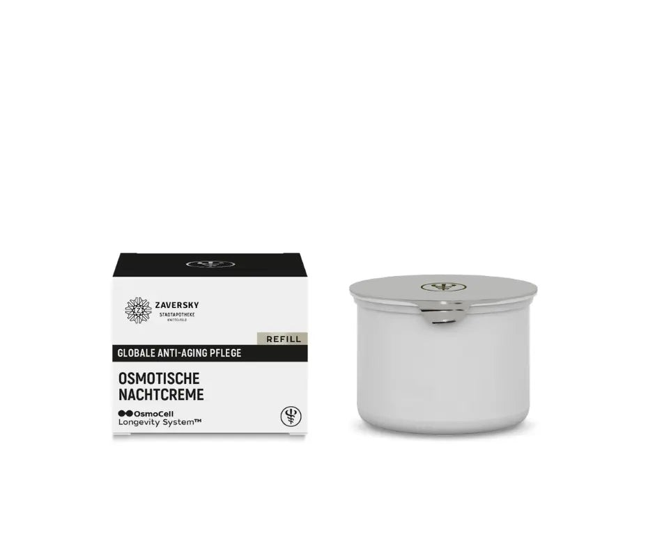 Zaversky Osmotische Nachtcreme Refill, silberner Nachfülltiegel neben weißer Faltschachtel mit der Aufschrift Globale Anti-Aging Pflege