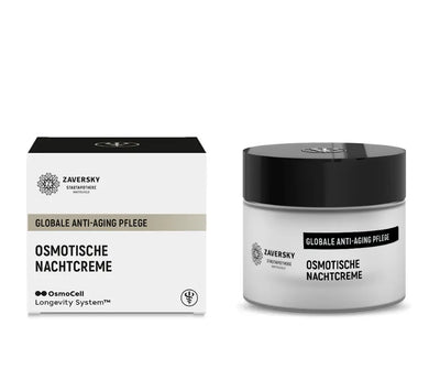 Zaversky Osmotische Nachtcreme im weißen Glastiegel mit schwarzem Deckel neben schwarz-weißer Faltschachtel, globale Anti-Aging Pflege