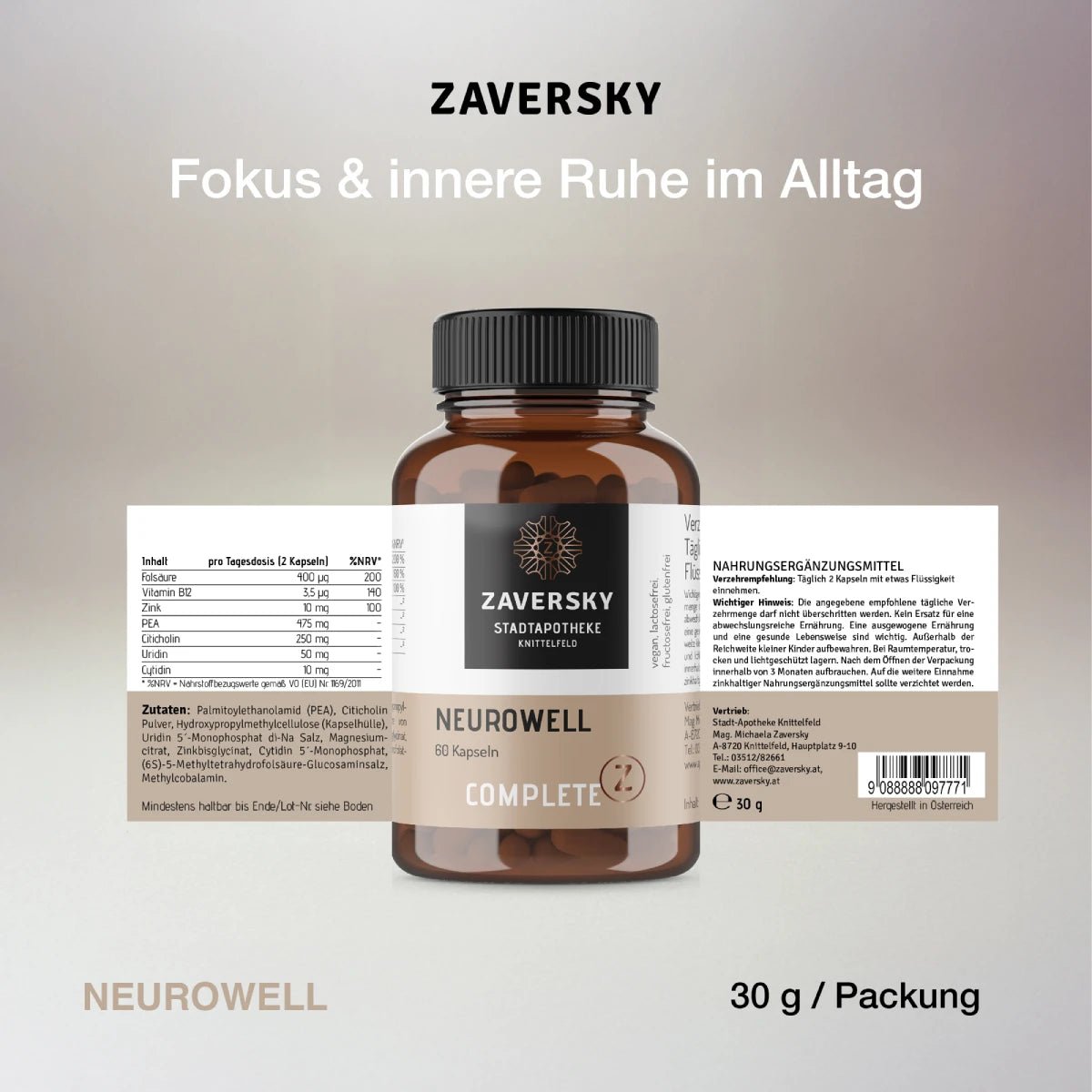 Neurowell Kapseln - der Nerven - Komplex mit PEA & Vitamin B12 - Nahrungsergänzung - Apotheke Zaversky
