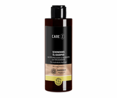 Care Z Schonendes Öl-Shampoo mit pflanzlichen Glykosiden und Macadamiaöl für empfindliche Kopfhaut in brauner Flasche