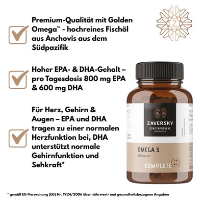 Omega 3 - 60 Kapseln - 2000mg Premium Fischöl pro Tagesdosis mit DHA und EPA - Nahrungsergänzung - Apotheke Zaversky