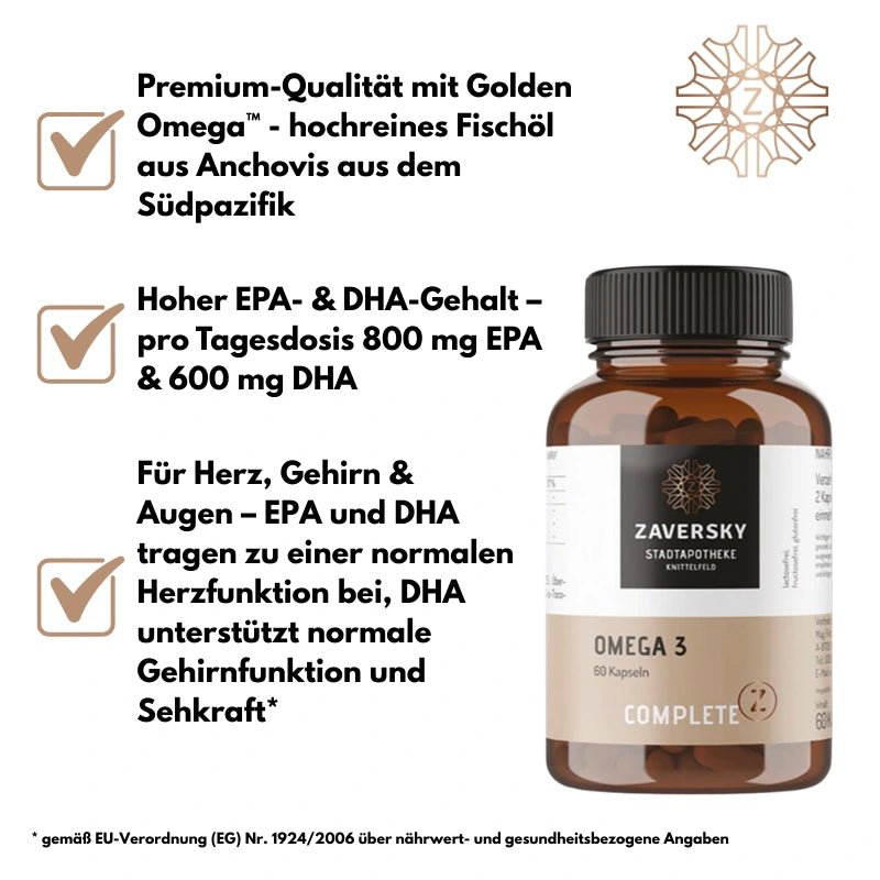 Omega 3 - 60 Kapseln - 2000mg Premium Fischöl pro Tagesdosis mit DHA und EPA - Nahrungsergänzung - Apotheke Zaversky