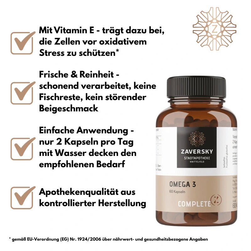 Omega 3 - 60 Kapseln - 2000mg Premium Fischöl pro Tagesdosis mit DHA und EPA - Nahrungsergänzung - Apotheke Zaversky
