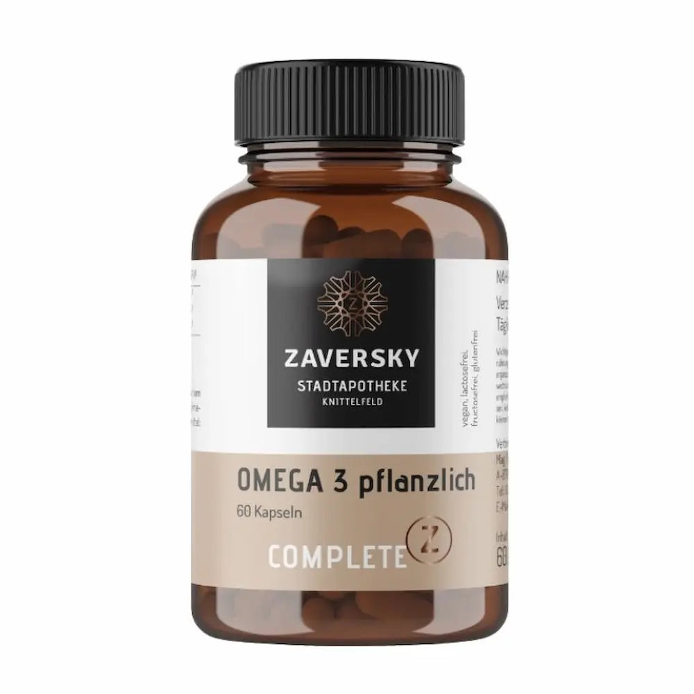Braunglas-Dose Zaversky Stadtapotheke Knittelfeld Omega 3 pflanzlich Complete mit 60 Kapseln, Vorderansicht mit Etikett und Z-Logo