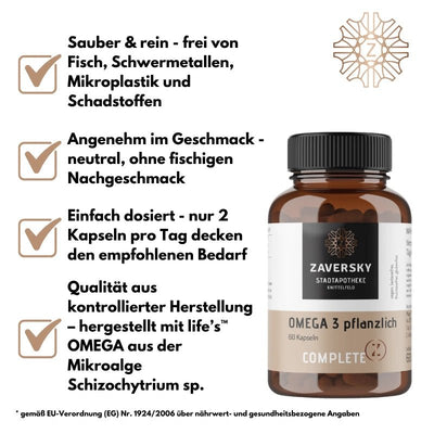 Omega‑3 Kapseln pflanzlich - Veganes Algenöl mit DHA & EPA - Nahrungsergänzung - Apotheke Zaversky
