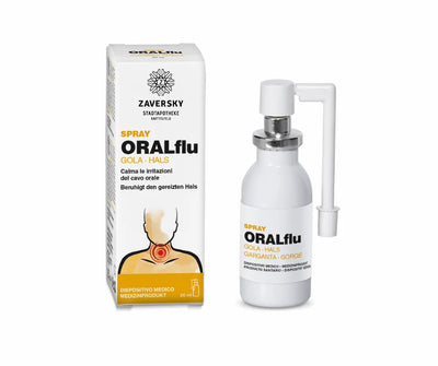 ORALflu Spray für den Hals von Zaversky Stadtapotheke Knittelfeld, weiße Sprühflasche mit Applikator und Faltschachtel, 20 ml