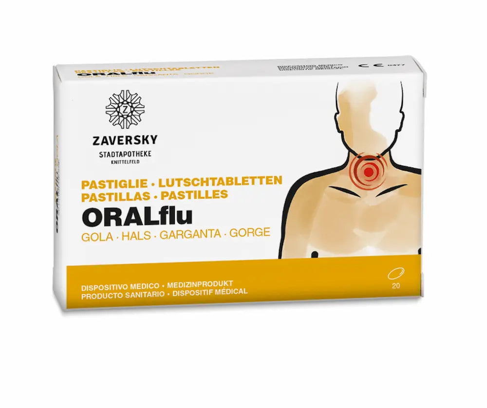 ORALflu Lutschtabletten der Zaversky Stadtapotheke Knittelfeld in weiß-gelber Verpackung mit 20 Pastillen für den Hals