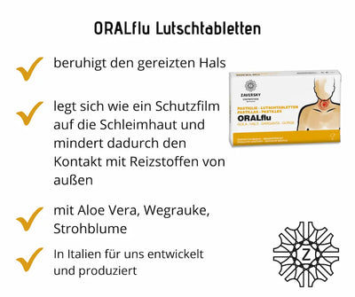 ORALflu Lutschtabletten der Zaversky Stadtapotheke mit Produktvorteilen für den gereizten Hals und Z-Logo

