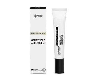 Zaversky Stadtapotheke Osmotische Augencreme, weiße Tube mit schwarzem Deckel neben weißer Faltschachtel, globale Anti-Aging Pflege