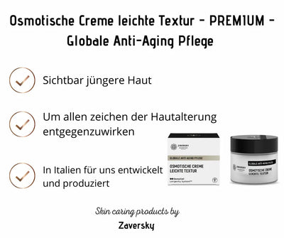 Zaversky Osmotische Creme leichte Textur, globale Anti-Aging Pflege im Tiegel mit Verpackung, Infografik mit Produktmerkmalen