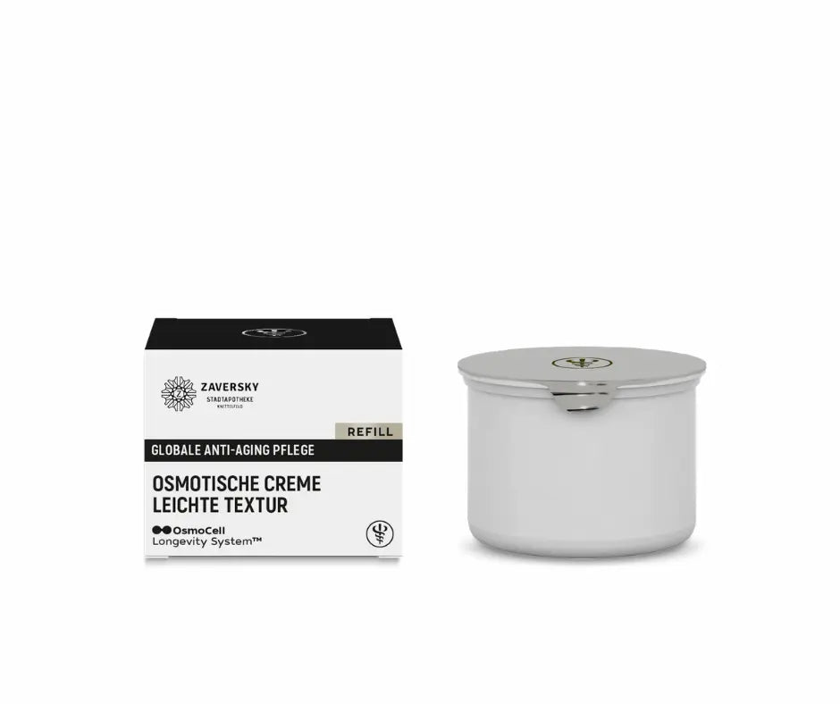 Zaversky Stadtapotheke Osmotische Creme leichte Textur Refill, schwarz-weiße Verpackung neben silbernem Nachfülltiegel