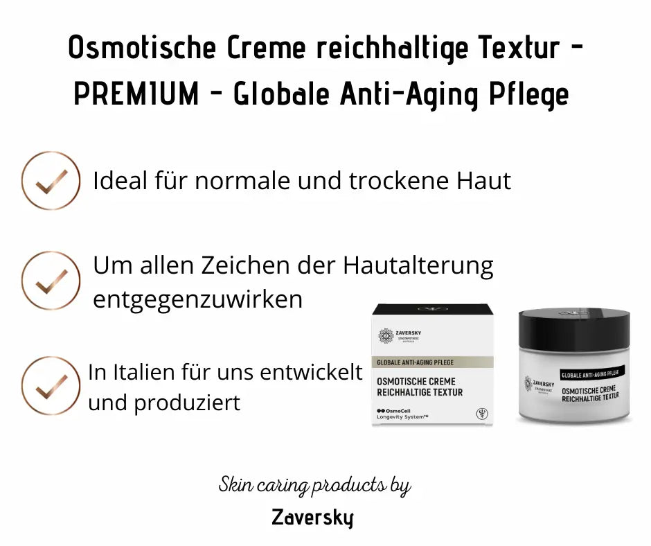Zaversky Osmotische Creme reichhaltige Textur, Premium Anti-Aging Pflege im Tiegel mit Verpackung, ideal für normale und trockene Haut.