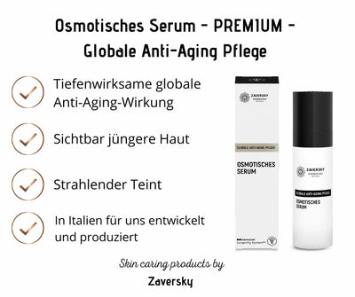 Zaversky Osmotisches Serum Premium für globale Anti-Aging Pflege mit Verpackung, Spenderflasche und vier Produktvorteilen.