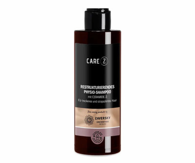Care Z Restrukturierendes Physio-Shampoo mit Ceramide-3 für trockenes und strapaziertes Haar in brauner Flasche mit schwarzem Etikett