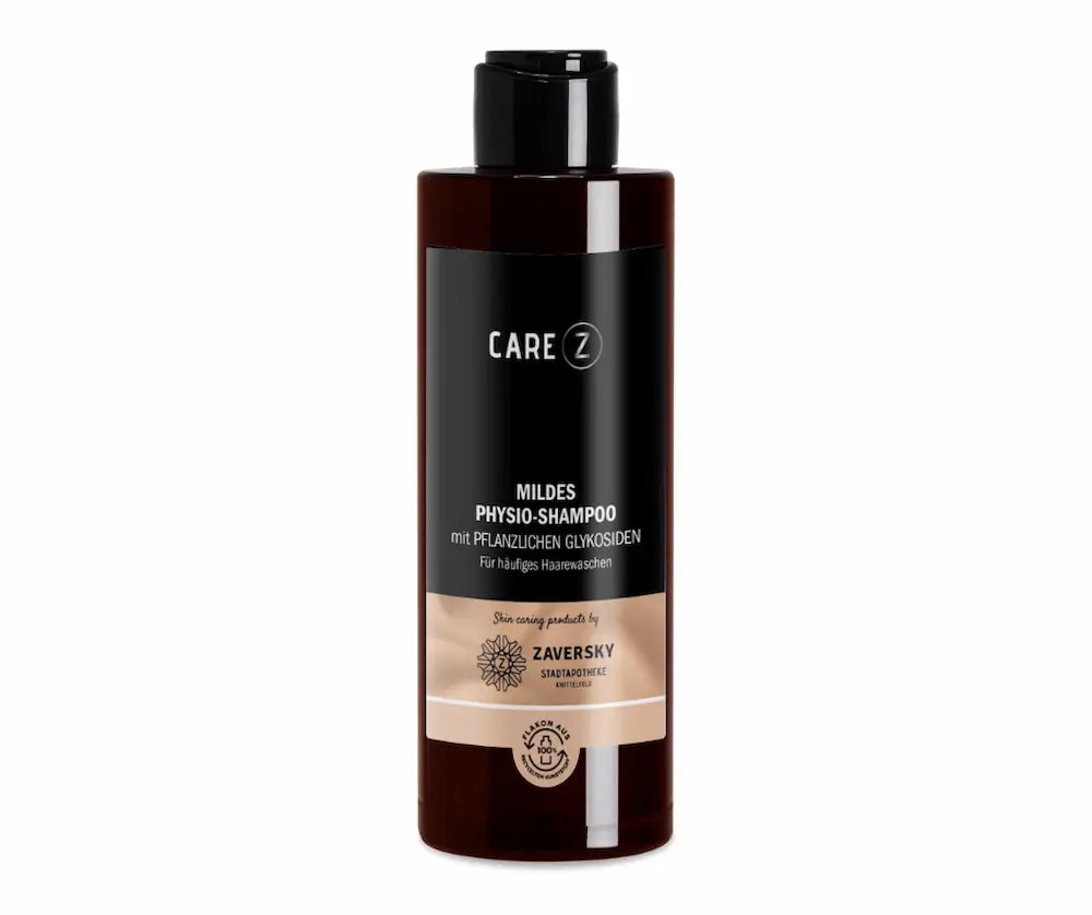 CareZ Mildes Physio-Shampoo mit pflanzlichen Glykosiden für häufiges Haarewaschen in brauner Flasche mit schwarzem Klappdeckel