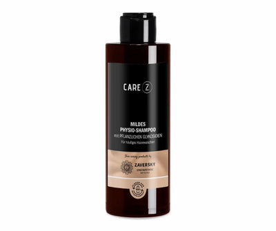 CareZ Mildes Physio-Shampoo mit pflanzlichen Glykosiden für häufiges Haarewaschen in brauner Flasche mit schwarzem Klappdeckel