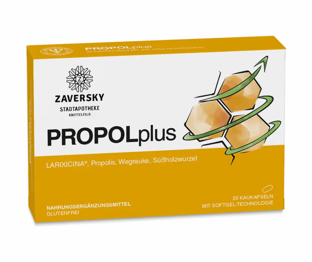  PROPOLplus Kaukapseln mit LARIXICINA, Propolis, Wegrauke und Süßholzwurzel von Zaversky Stadtapotheke Knittelfeld, orange Schachtel mit 20 Kaukapseln in Softgel-Technologie, glutenfreies Nahrungsergänzungsmittel.