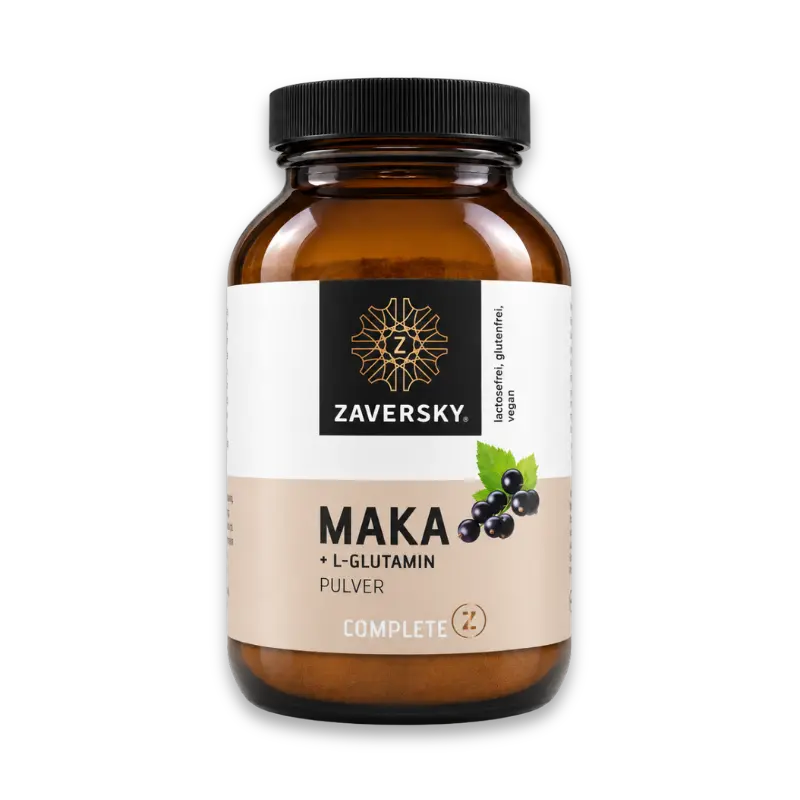 ZAVERSKY Complete Z Maka + L-Glutamin Pulver im braunen Glas mit schwarzem Deckel und Etikett mit schwarzen Johannisbeeren