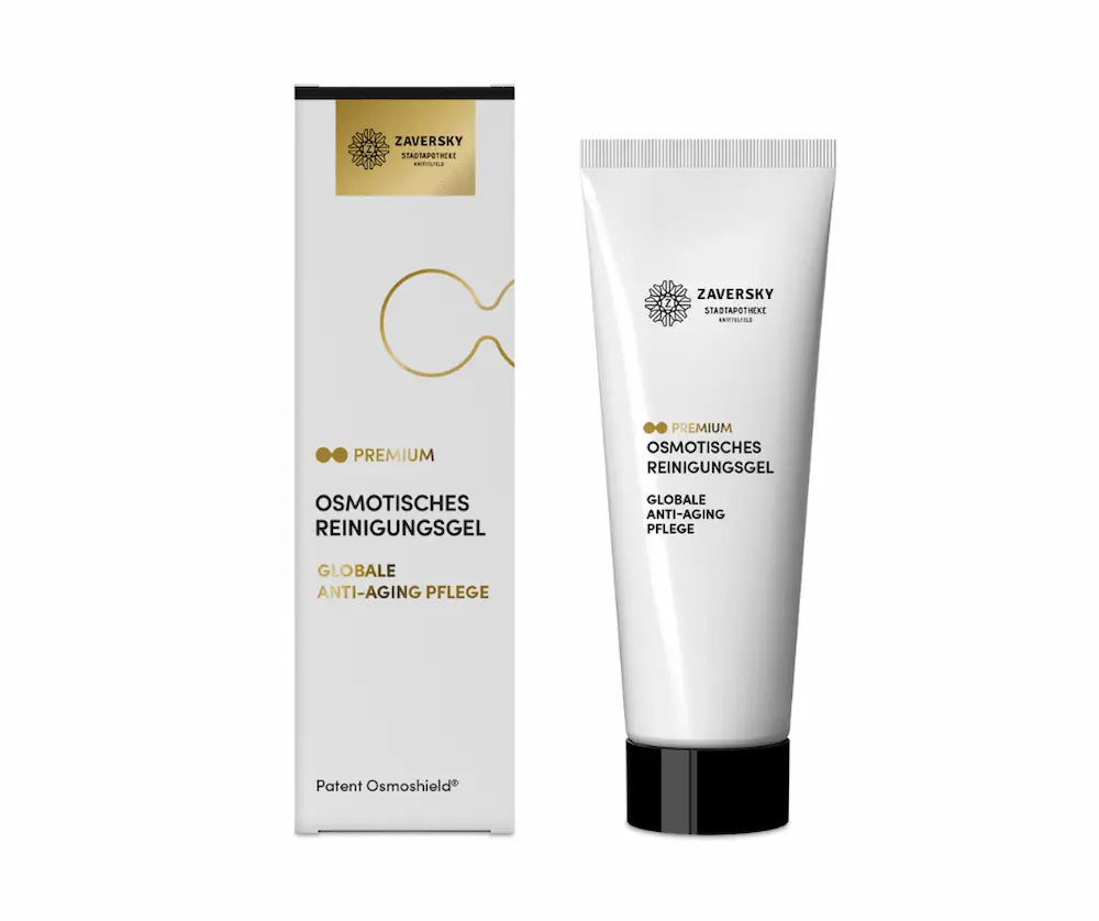 Zaversky CARE Z Osmotisches Reinigungsgel Premium, weiße Tube mit schwarzem Deckel neben weißer Faltschachtel, Anti-Aging Pflege