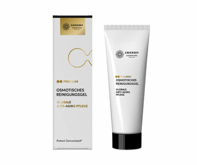 Zaversky CARE Z Osmotisches Reinigungsgel Premium, weiße Tube mit schwarzem Deckel neben weißer Faltschachtel, Anti-Aging Pflege