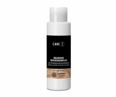 CARE Z Belebende Reinigungsmilch mit pflanzlichen Glykosiden, weiße Flasche mit Klappdeckel, schwarz-beigem Etikett, für Gesicht und Augen, 400 ml.