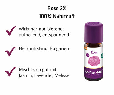 Taoasis Rose 2% Naturduft Bio in brauner Tropfenflasche mit lila Verschluss, Infografik mit Wirkung, Herkunft Bulgarien und Mischempfehlung