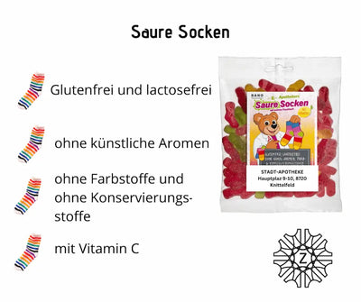 Saure Socken Fruchtgummi-Tüte mit Vitamin C, glutenfrei und lactosefrei, ohne künstliche Aromen, Farb- und Konservierungsstoffe