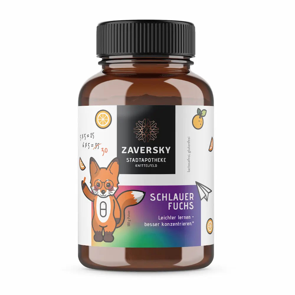 Zaversky Stadtapotheke Schlauer Fuchs Pulver, 180 g Braunglas mit Fuchs-Illustration, lactosefrei und glutenfrei