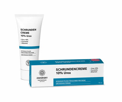 Zaversky Schrundencreme 10% Urea mit Ceramide und Allantoin, weiße Tube und blau-weiße Faltschachtel, 75 ml