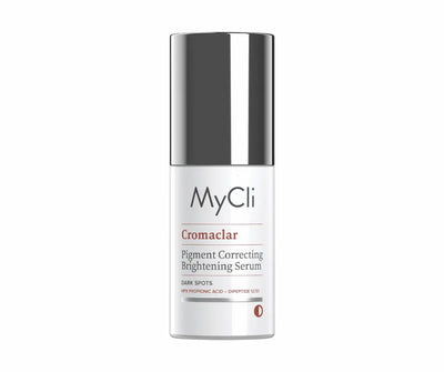 MyCli Cromaclear Pigment Correcting Brightening Serum gegen Dark Spots in weißer Flasche mit silberner Kappe, Vorderansicht