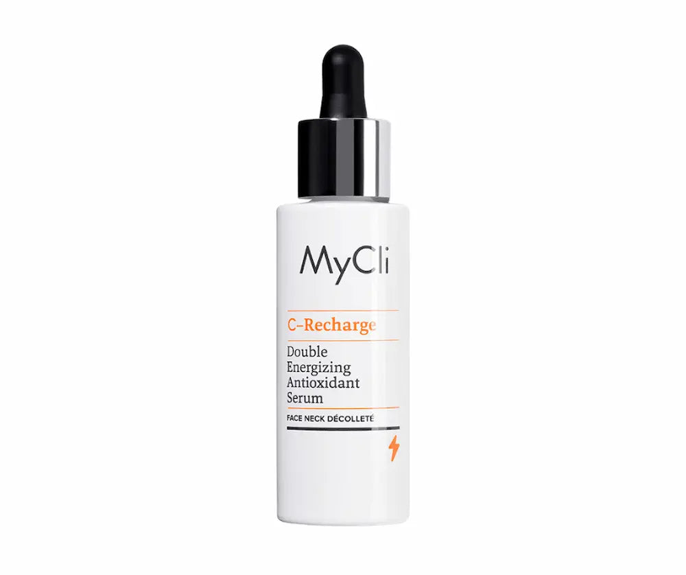 MyCli C-Recharge Double Energizing Antioxidant Serum für Gesicht, Hals und Dekolleté in weißer Tropfflasche mit schwarzer Pipette