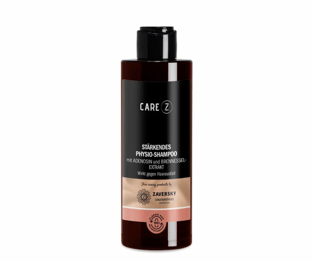 CareZ stärkendes Physio-Shampoo mit Adenosin und Brennessel-Extrakt gegen Haarausfall, braune Flasche mit schwarzem Klappverschluss, Zaversky Stadtapotheke Knittelfeld