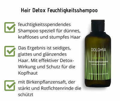Dolomia Hair Detox Feuchtigkeitsshampoo in grüner Flasche mit schwarzem Deckel, daneben Produktvorteile für Volumen und Leichtigkeit