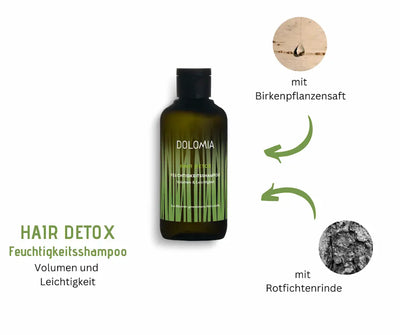 Dolomia Hair Detox Feuchtigkeitsshampoo für Volumen und Leichtigkeit mit Birkenpflanzensaft und Rotfichtenrinde in grüner Flasche