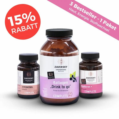 Sommerpaket Zaversky mit Kollagen „Drink to go" Pulver, Hyaluron+ und FitControl Kapseln in Braunglas, 15 % Rabatt-Aktion