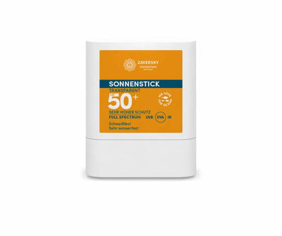 Zaversky Sonnenstick transparent mit LSF 50+ in weißer Verpackung mit orangefarbenem Etikett, sehr hoher Schutz, schweiß- und wasserfest