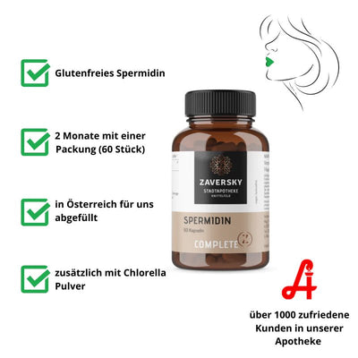 Braunglas mit Zaversky Spermidin Complete, 60 Kapseln, daneben Hinweise glutenfrei, mit Chlorella Pulver, in Österreich abgefüllt