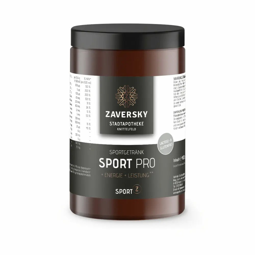 Zaversky Sport Pro Sportgetränk in brauner Dose mit schwarzem Deckel, Etikett mit Nährwerttabelle und Hinweis laktose- und glutenfrei.
