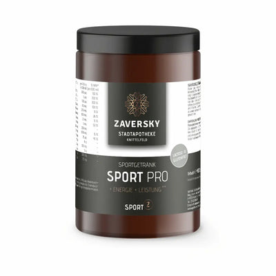 Zaversky Sport Pro Sportgetränk in brauner Dose mit schwarzem Deckel, Etikett mit Nährwerttabelle und Hinweis laktose- und glutenfrei.