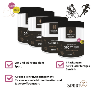 Sport Pro - Himbeer/Zitrone Sportgetränk - Rundumversorgung für ihre Leistung beim Sport - 4 Packungen (10% sparen) - Nahrungsergänzung - Apotheke Zaversky