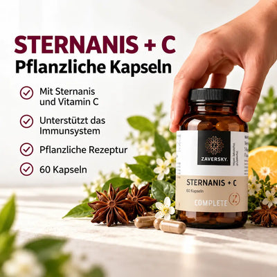KI generiert - Complete Z Sternanis + C, 60 pflanzliche Kapseln in brauner Glasdose mit Sternanis, Orange und Blüten – Infografik mit Checkliste